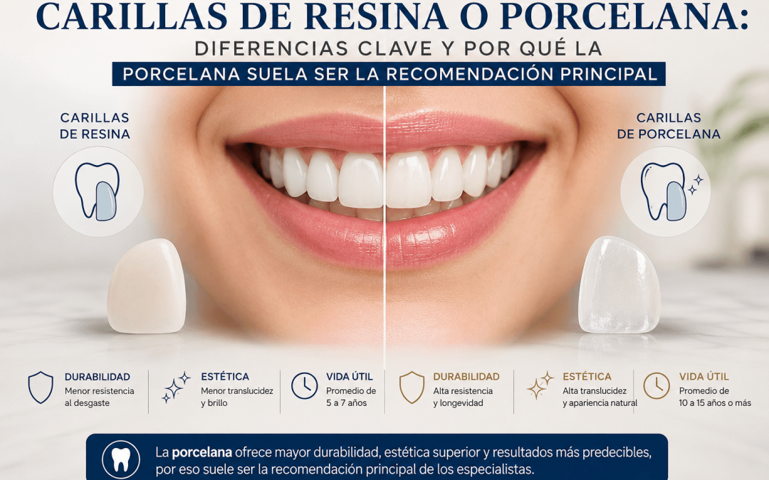Comparativa visual entre carillas dentales de resina y porcelana mostrando diferencias en estética, durabilidad y vida útil, destacando las ventajas de las carillas de porcelana.